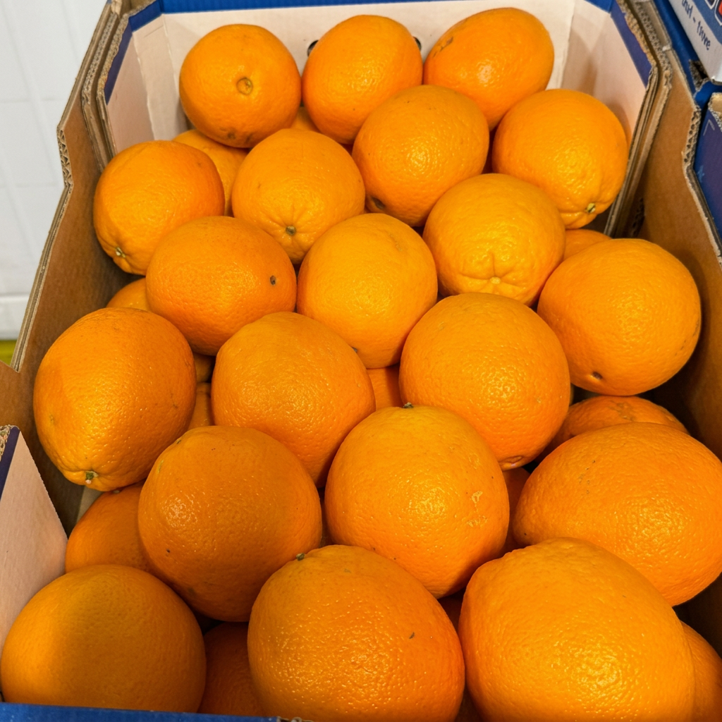 Fresh oranges packed in an export cardboard box