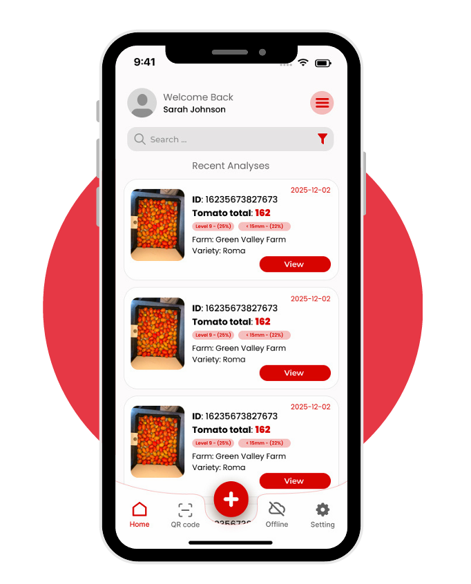 AI mobile dashboard showing recent tomato analyses
